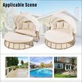 Beige cushioned outdoor patio rattan round daybed sofa bed with matching canopy and ottoman for relaxation