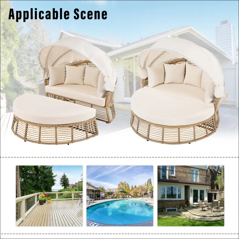 Beige cushioned outdoor patio rattan round daybed sofa bed with matching canopy and ottoman for relaxation