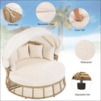 Beige wicker outdoor patio rattan round daybed with removable cushion cover and adjustable feet for patio use