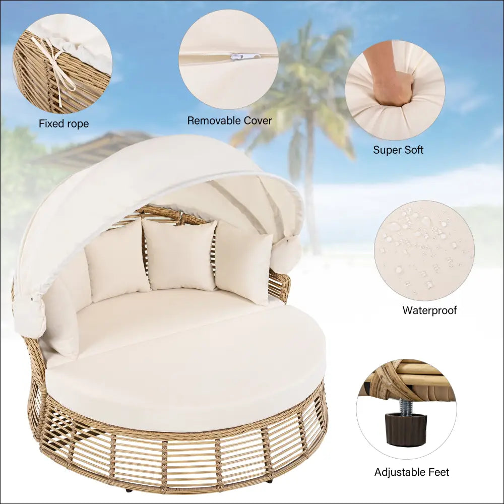 Beige wicker outdoor patio rattan round daybed with removable cushion cover and adjustable feet for patio use