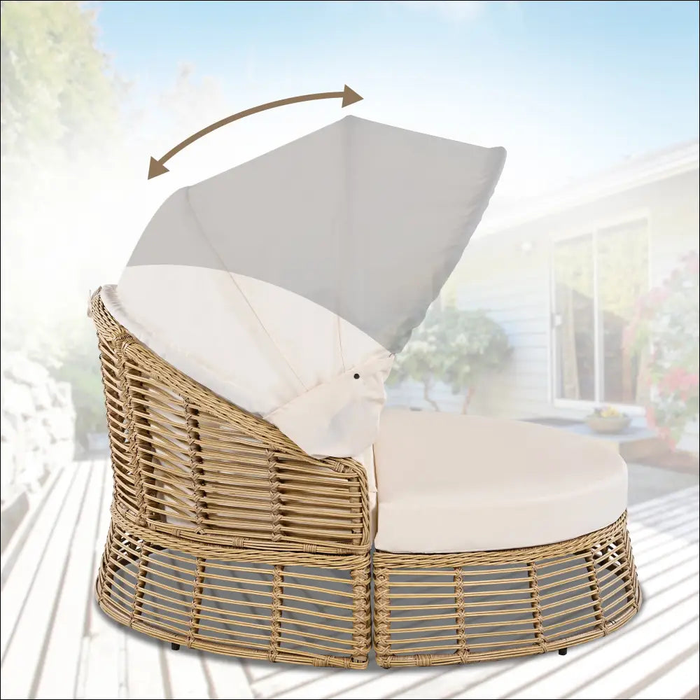 Beige outdoor patio rattan round daybed with cushioned seat and adjustable canopy for comfortable lounging