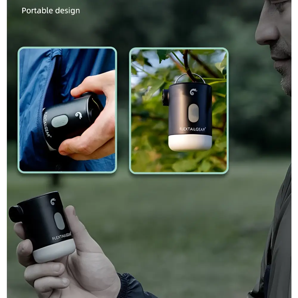 Black and white portable mini camping air purifier with a white cylindrical sleek design by flextailgear