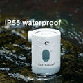 White cylindrical portable mini camping air purifier with matte finish and teal control panel by flextailgear