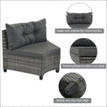 Gray wicker outdoor corner chair with dark gray cushions and tufted backrest in outdoor wicker round sofa set