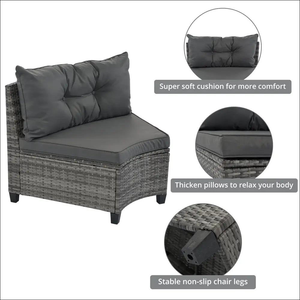 Gray wicker outdoor corner chair with dark gray cushions and tufted backrest in outdoor wicker round sofa set