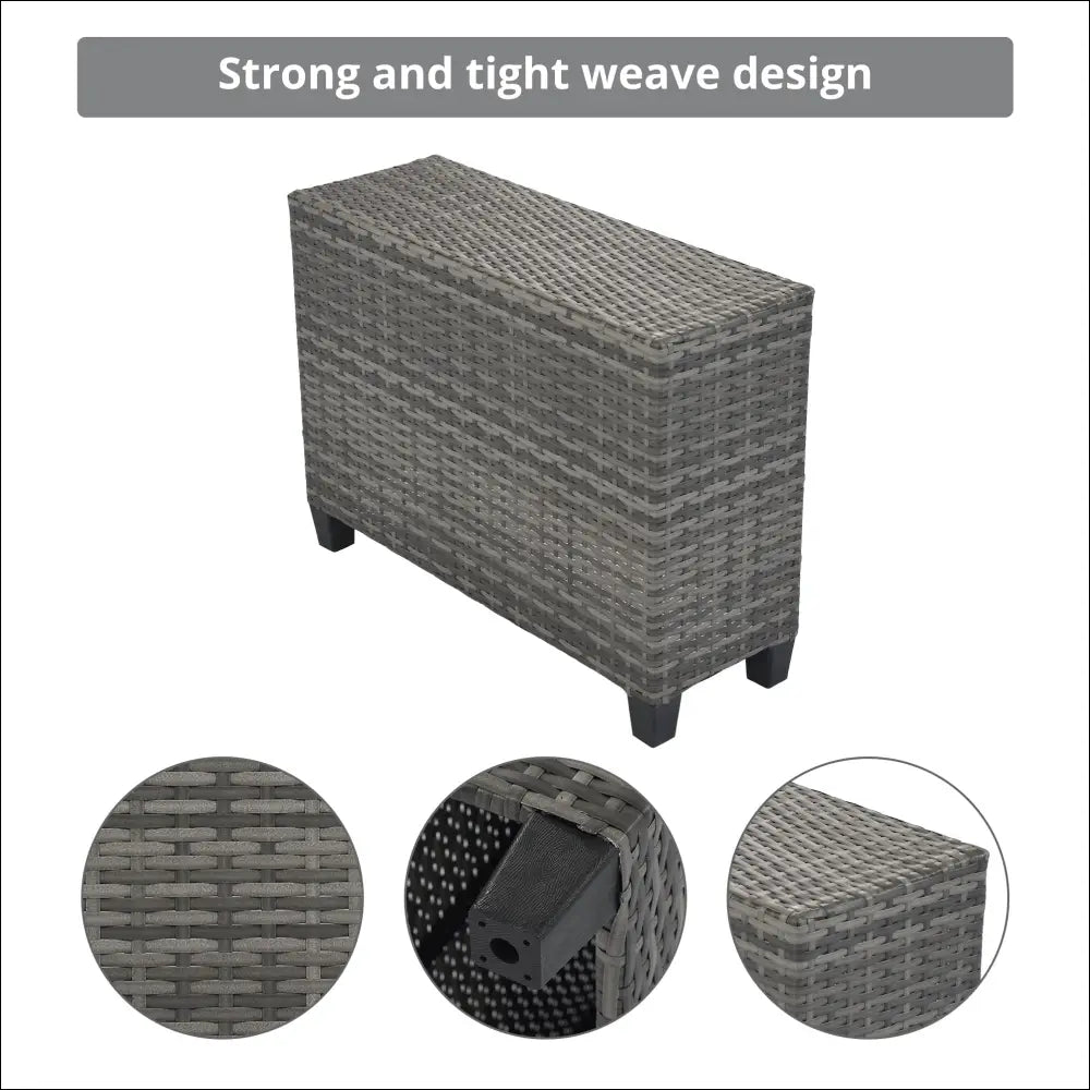 Gray woven wicker storage bench with black plastic feet part of an outdoor wicker round sofa set