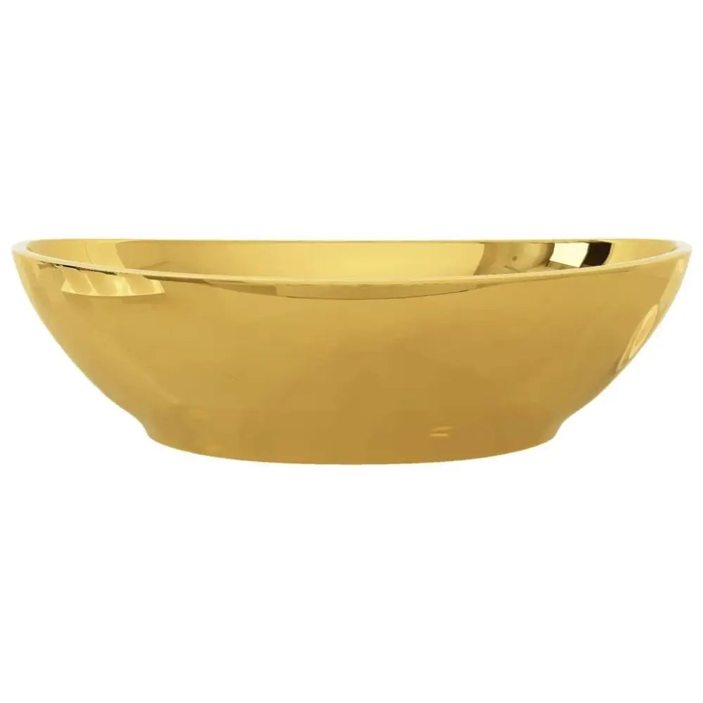 A sleek oval gold ceramic wash basin 40x33 cm with a smooth reflective metallic finish and ceramicoverall dimensions