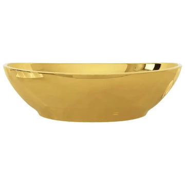 A sleek oval gold ceramic wash basin 40x33 cm with a smooth reflective metallic finish and ceramicoverall dimensions