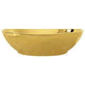 A sleek oval gold ceramic wash basin 40x33 cm with a smooth reflective metallic finish and overall dimensions