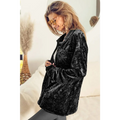 Oversized black long sleeve velvet shirt featuring a relaxed fit black velvet blazer with button closure