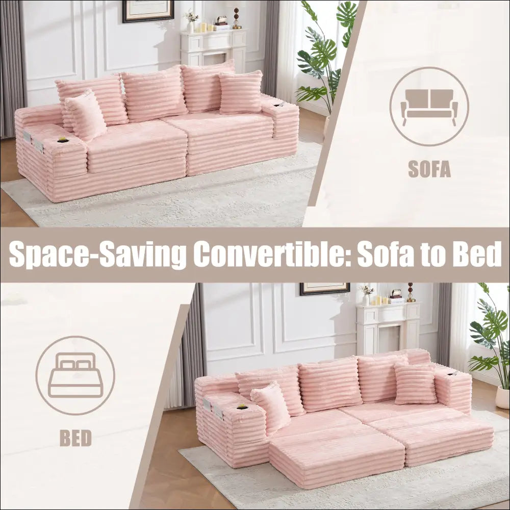 Oversized boneless four seats pink corduroy sofa bed with striped texture and built-in cup holders
