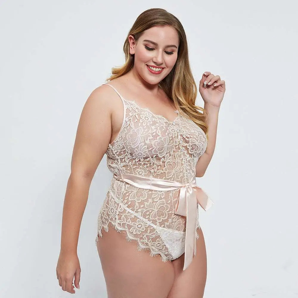 Beige oversized lace bodysuit featuring a delicate lace design and a satin ribbon belt tied at the waist
