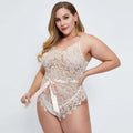 Off-white delicate lace bodysuit with beige oversized lace and a satin ribbon belt for elegant wear