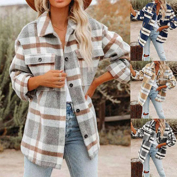 A cozy oversized plaid button flannel woolen shirt in soft gray and beige with black buttons