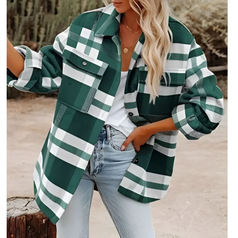Green and white oversized plaid button flannel woolen shirt with button closures and chest pockets
