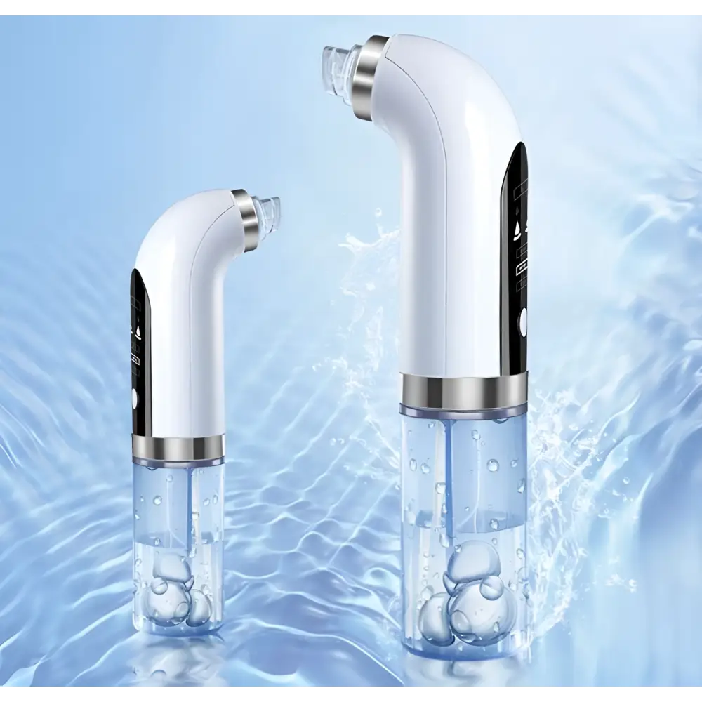 A sleek white and silver facial cleansing oxygen bubble blackhead remover pore vacuum with transparent water tank