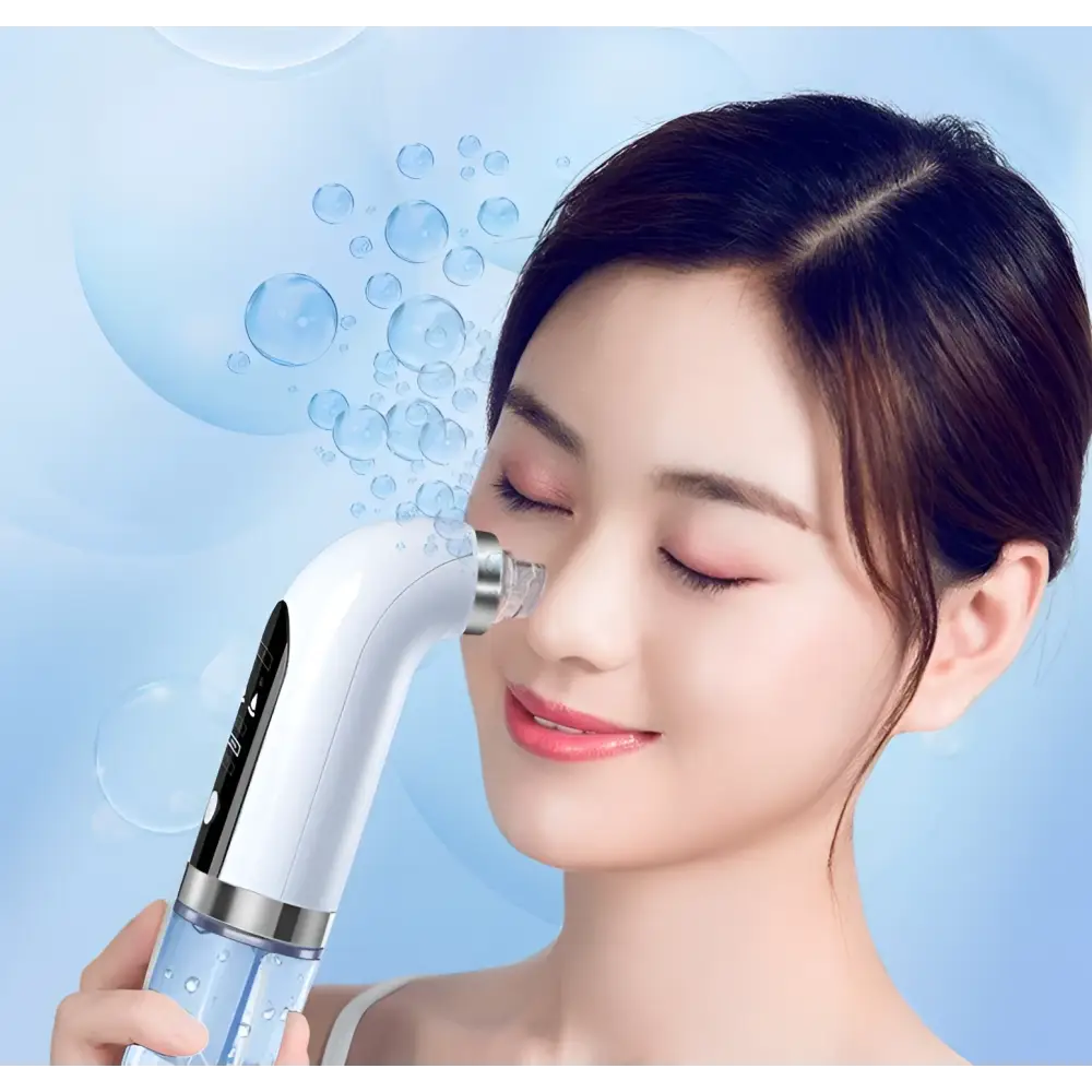 White and silver facial cleansing oxygen bubble blackhead remover pore vacuum with curved nozzle emitting bubbles