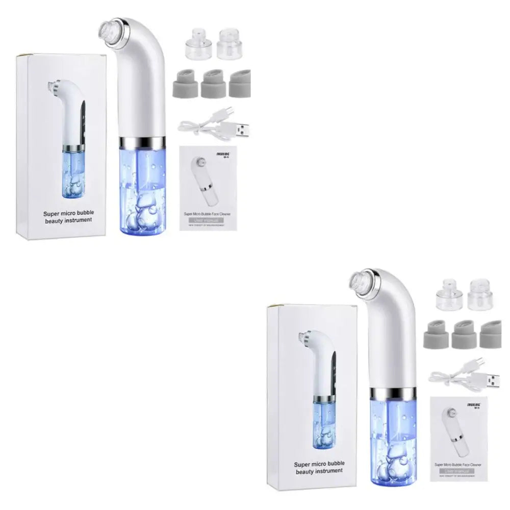 White and blue oxygen bubble blackhead remover pore vacuum with sleek curved design for facial cleansing