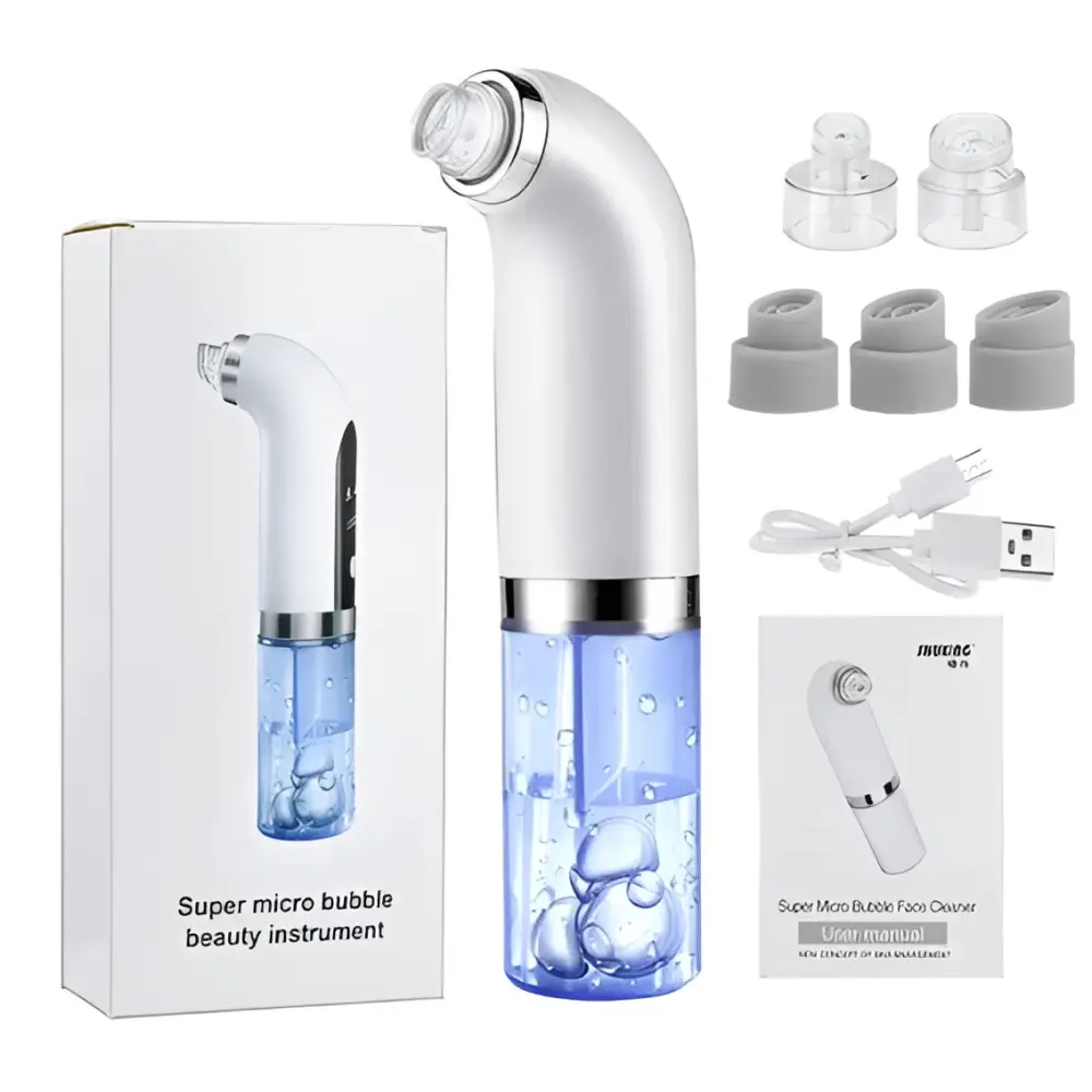 White and blue oxygen bubble blackhead remover pore vacuum with silver accents for facial cleansing and deep pore care
