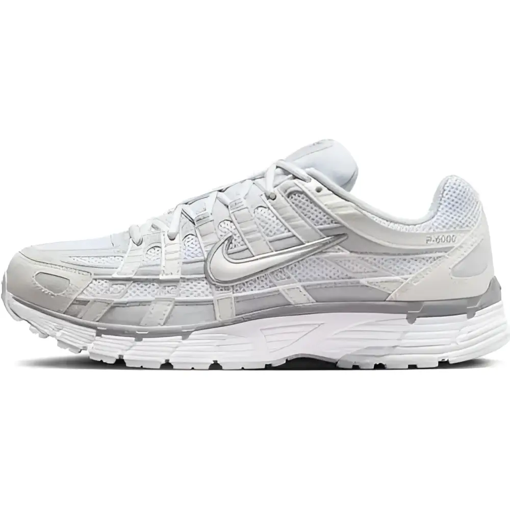 Gray nike p-6000 running shoe with mesh and synthetic upper white midsole featuring metallic summit white and white pure platinum details
