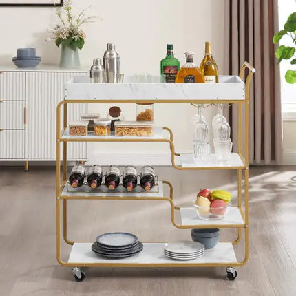 6-Tier Bar Cart, Slide Bar Serving Cart, Retro Style Wine Cart For Kitchen, Beverage Cart With Wine Rack And Glass Holder, Rolling Drink Trolley For Living Room, Dining Room - Royalessencelux