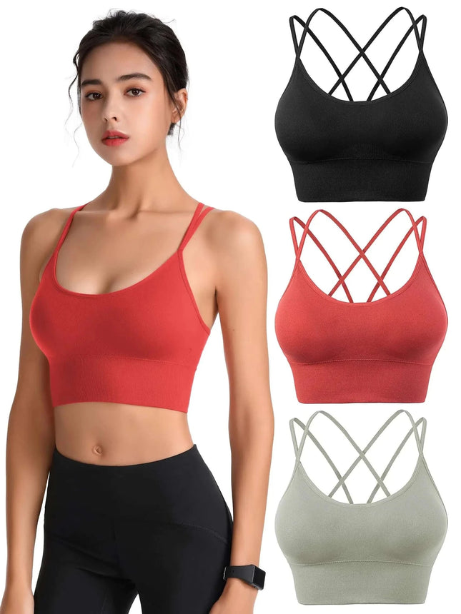 Padded Sports Bras for Women Strappy Cross Back Yoga Bras Pack for Workout Fitness Running Gym Low Impact Top - Royalessencelux