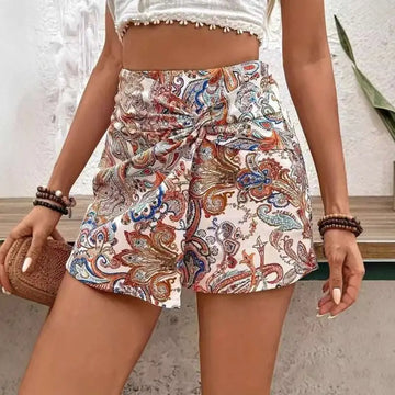 Paisley print knot shorts high waist fake two-piece skirt with vibrant orange blue and brown tied waistband design