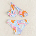 Pastel abstract bikini set with one shoulder top and high waisted bottoms in fashion split swimsuit print