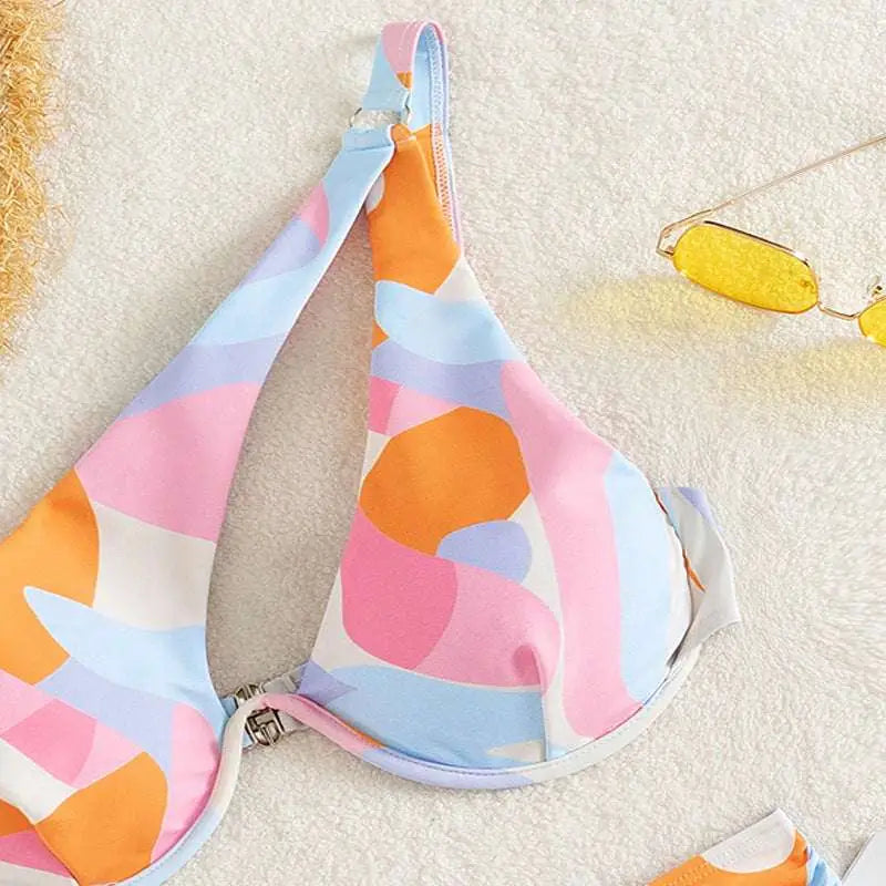 Pastel abstract bikini top with soft fabric and adjustable straps in a fashion split swimsuit bikini print fashion design