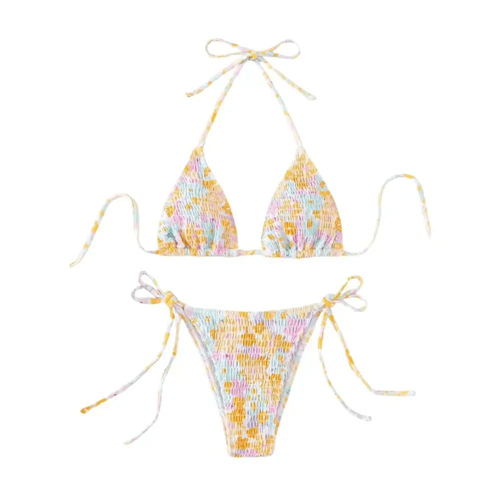 Pastel floral bikini set featuring smocked fabric and tie-side strings for a stylish beachwear look