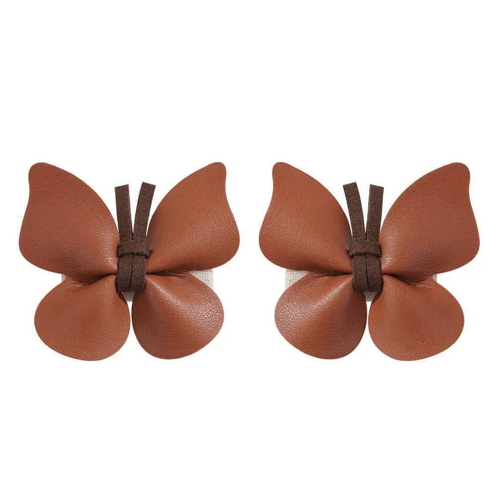 Brown leather butterfly bag clip children’s barrettes with dark brown fabric ties for children’s hair styling