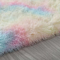 A plush shaggy pastel rainbow nordic living room carpet with a soft gradient in a diameter round shape