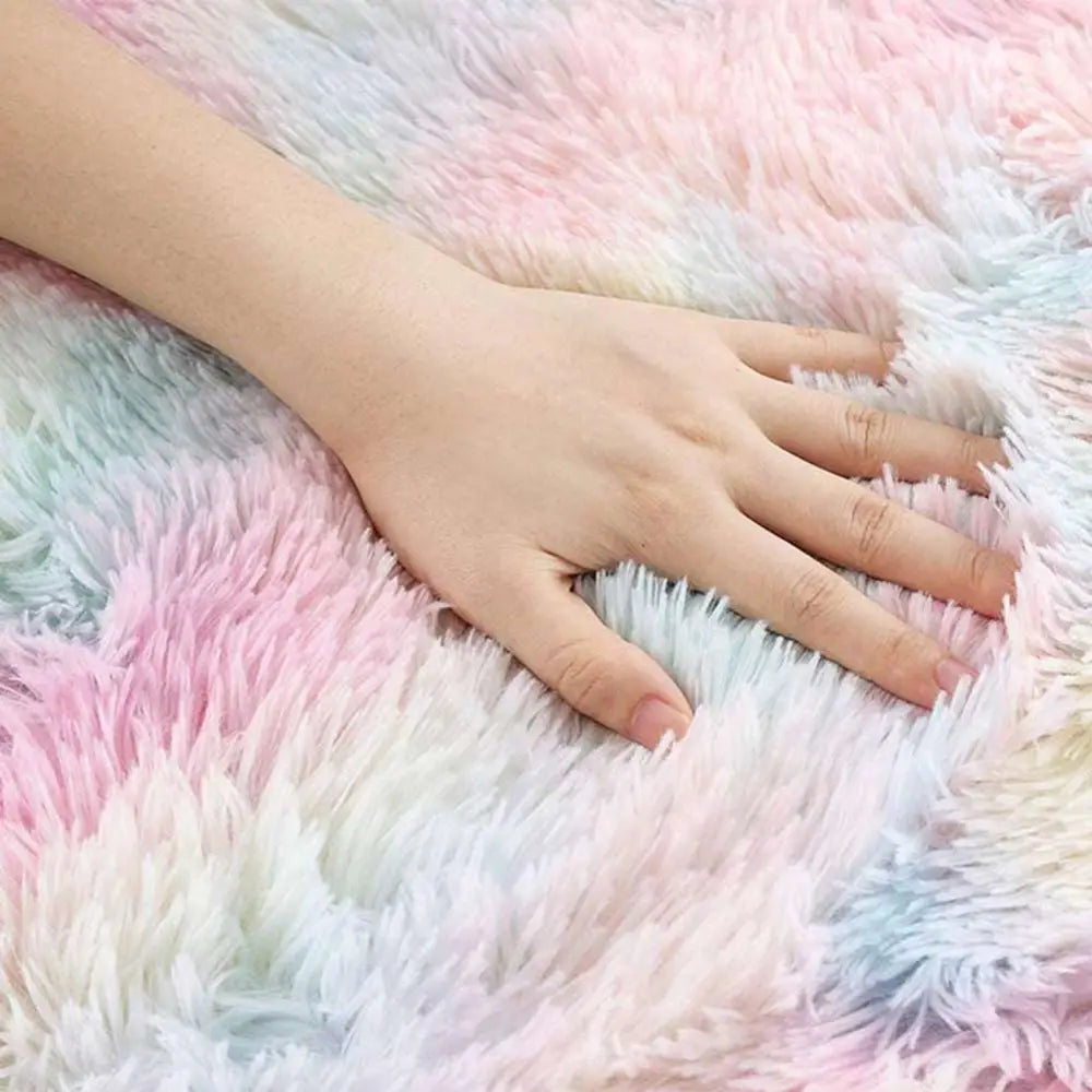 Pastel rainbow nordic living room carpet featuring a soft fluffy plush texture in a diameter round shape with pink blue and purple gradient