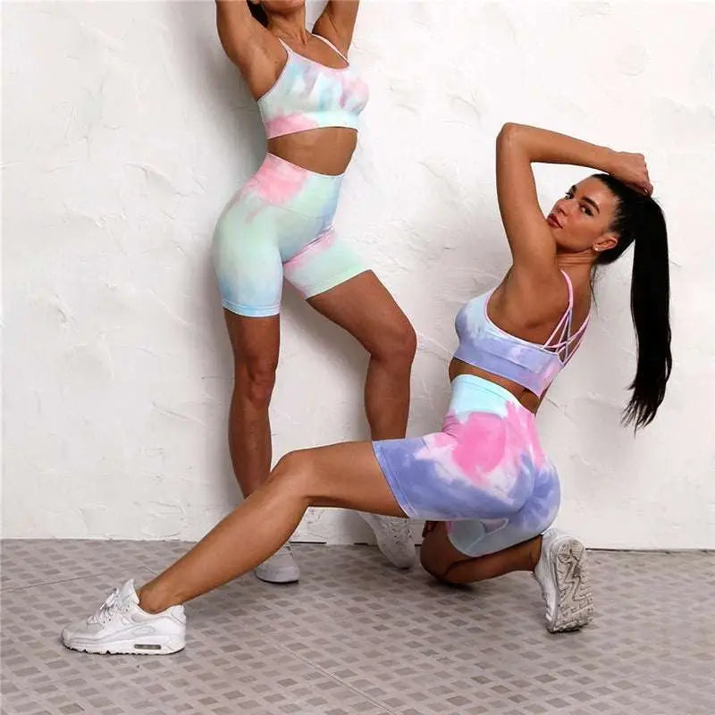 Pastel tie dye crop bra with crisscross straps and matching high waisted shorts workout set in soft fabric