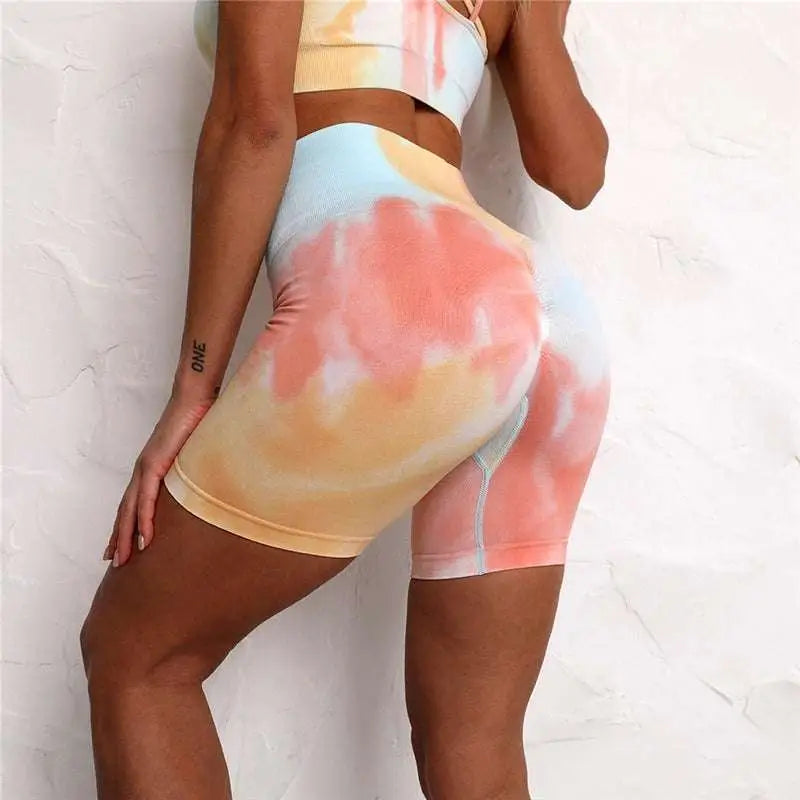 Pastel tie dye crop bra and shorts workout set with high waisted shorts in soft blue pink and mint hues