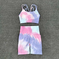 Pastel tie dye crop bra with crisscross straps and high waisted shorts workout set in soft breathable fabric