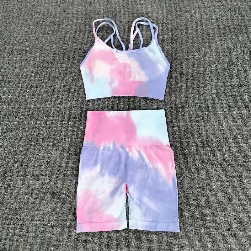 Pastel tie dye crop bra with crisscross straps and high waisted shorts workout set in soft breathable fabric