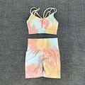Pastel tie dye crop bra and high waisted shorts workout set with crisscross straps for activewear use