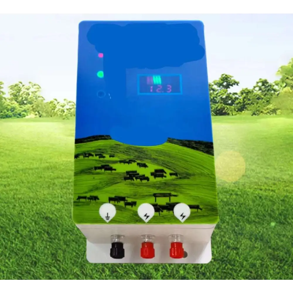 Blue and green pasture electronic host with digital display showing three buttons and red black terminals for livestock fencing