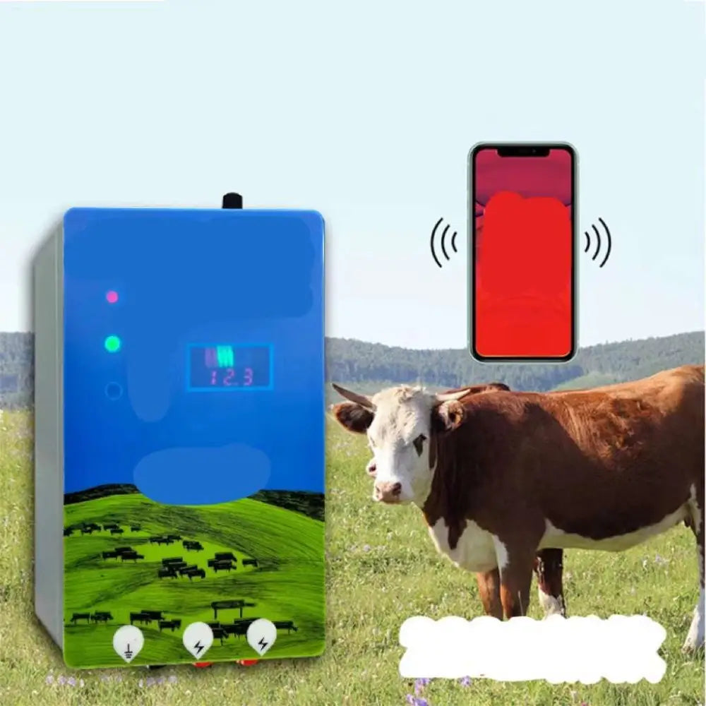 Blue and green pasture electronic host with digital display showing controls on a rectangular cow monitoring device