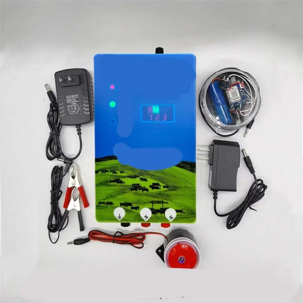 Blue rectangular pasture electronic host with digital display showing livestock fence control and green pastoral scene