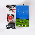 Blue rectangular pasture electronic host with digital display showing controls against a green pastoral scene