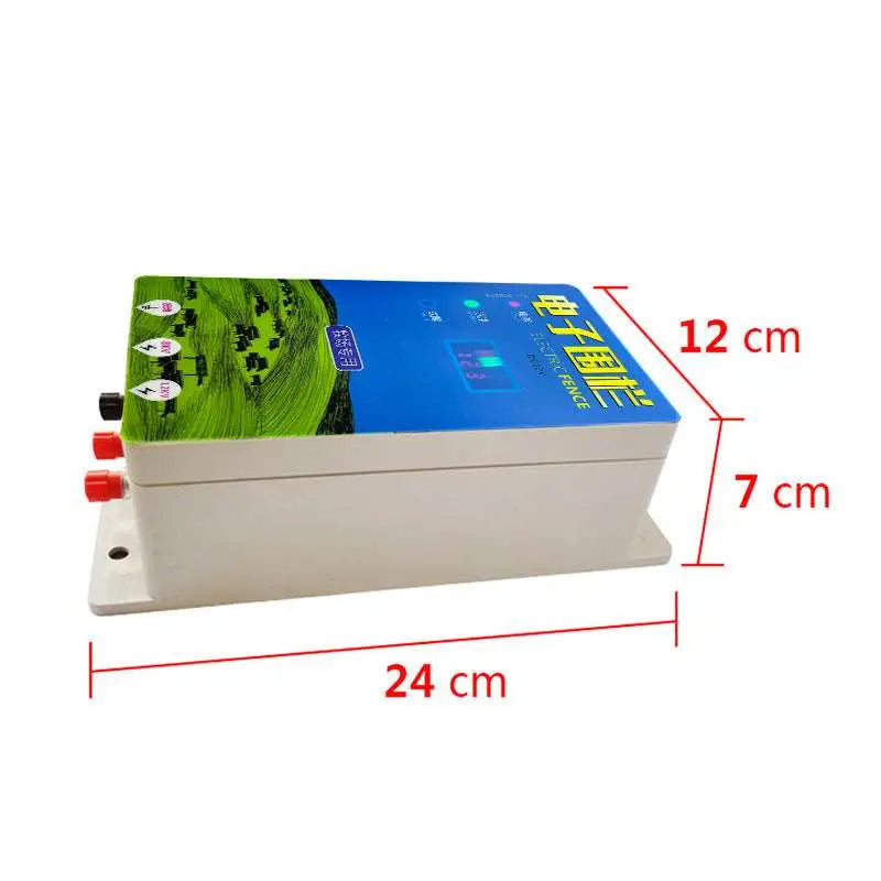 White rectangular pasture electronic host with blue and green label chinese characters three red connectors and digital display showing dimensions