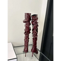 Burgundy patent leather thigh high boots with ruched detailing and autumn stiletto heel high stilettos