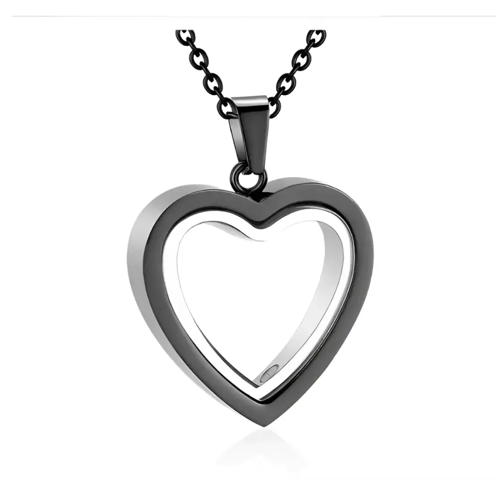 Black heart-shaped memorial locket with sleek double-layered design and polished metallic finish for luxury women’s fashion