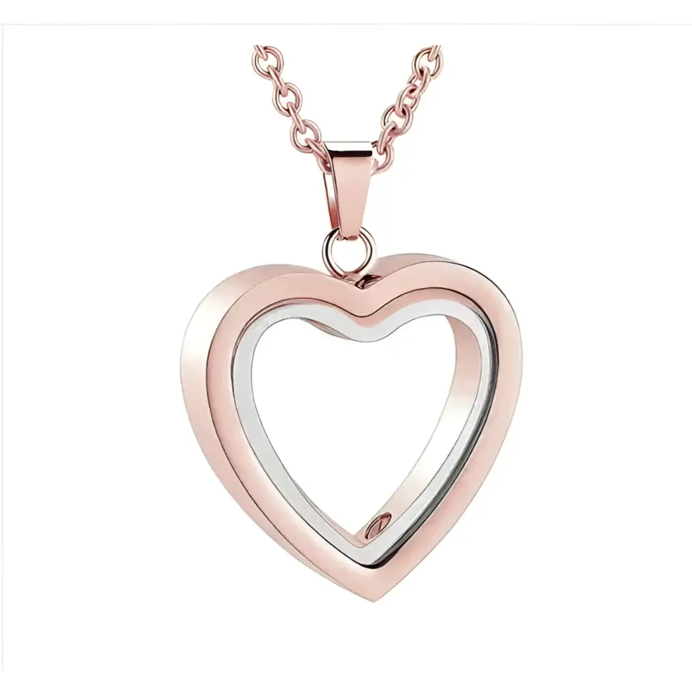 Rose gold peach heart memorial locket necklace with silver inner layer and chain for luxury women’s fashion