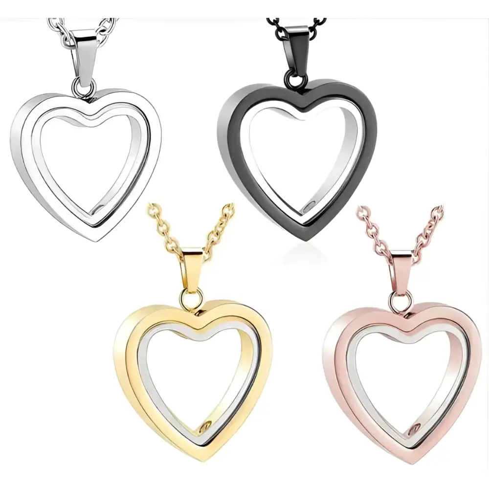 Peach heart memorial locket necklace with heart-shaped pendants in silver black gold and rose gold luxury women’s fashion