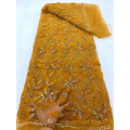 Golden sheer peach ribbon flower beaded tulle lace fabric with intricate floral embroidery and sparkling beading