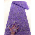 Purple peach ribbon flower beaded tulle lace fabric with intricate floral embroidery and sparkling silver beading