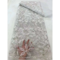 Peach ribbon flower beaded tulle lace fabric with delicate silver floral patterns and intricate beaded detailing